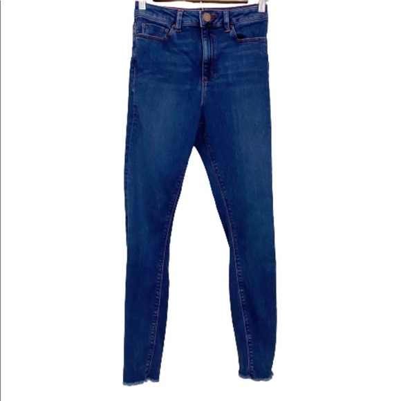 ASOS High Rise Raw Hem Skinny Medium Wash Jeans - Picture 1 of 8